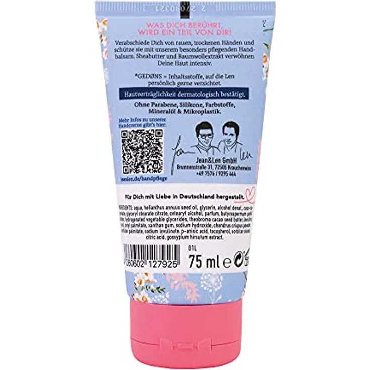 Jean & Len – Handbalsam Baumwolle & Sheabutter, Handpflege für trockene bis sehr trockene Hände, pflegt intensiv und ist dabei besonders mild, ohne Parabene und Silikone, vegan, Handcreme Tube, 75 ml – Bild 2