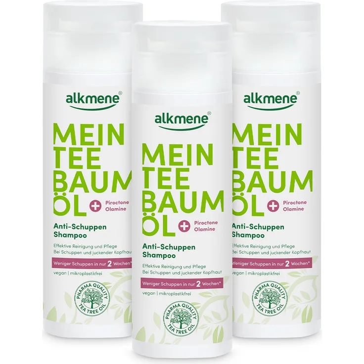 Alkmene Mein Teebaumöl Anti-Schuppen Shampoo, 3x 200 ml, weniger Schuppen in 2 Wochen, vegan, klimaneutral, mit Piroctone Olamine