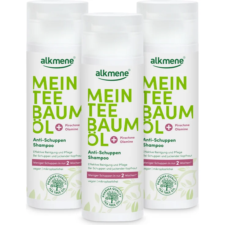 Alkmene Mein Teebaumöl Anti-Schuppen Shampoo, 3x 200 ml, weniger Schuppen in 2 Wochen, vegan, klimaneutral, mit Piroctone Olamine