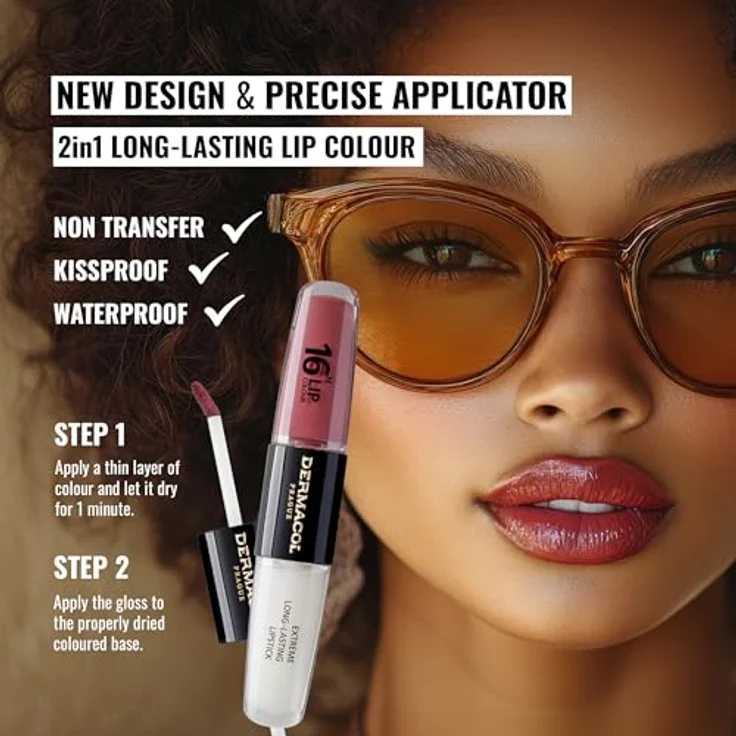 Dermacol 16H Lip Colour, langlebiger, glänzender Lippenstift, Farbton 12 Trouble Free, 2x4 ml, hohe Pigmentierung – Bild 2
