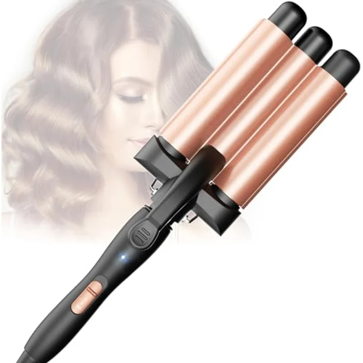 BESTOPE PRO Lockenstab 3 Fässer, Beach Waves Welleneisen mit einstellbarer Temperatur und PTC Schnellheizung, für alle Haartypen, Roségold – Bild 1
