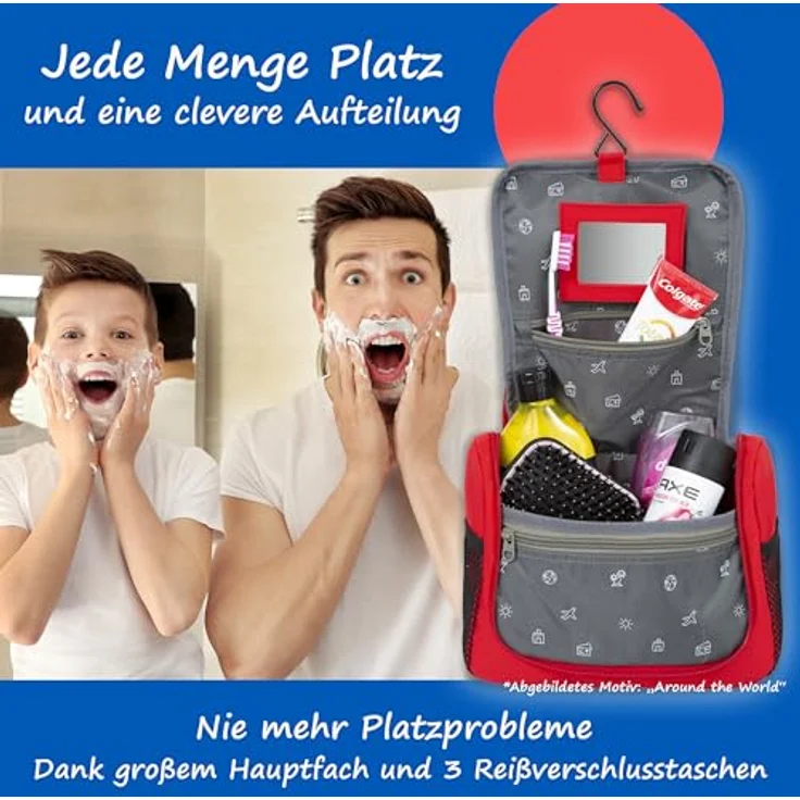 GRINSEZWERGE Kinder Kulturtasche, Reise Kulturbeutel zum Aufhängen mit großem Hauptfach, 4 Netztaschen, abnehmbarem Spiegel und stabilen Metallhaken, Premium Qualität, ideal als Geschenk für Mädchen und Jungen – Bild 2
