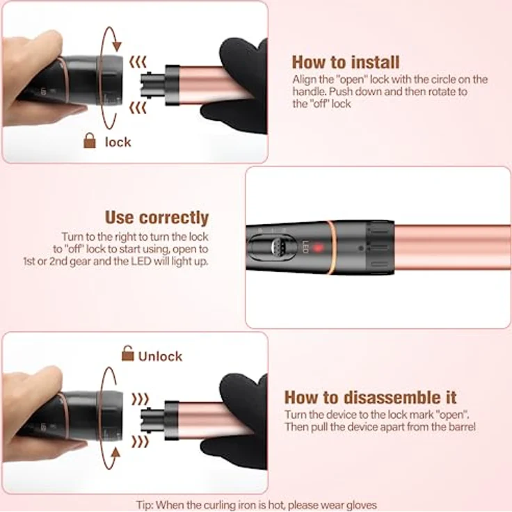 BESTOPE PRO Lockenstab Set 5-in-1, 3 Keramikfässer für große Locken & Wellen, schnelles Aufheizen, 2 Temperaturstufen, inklusive Hitzeschutzhandschuh & Clips, Dual Voltage – Bild 5