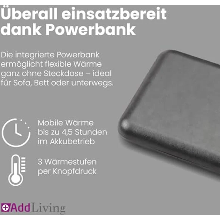 AddLiving Kabelloser Schulter- und Nackenwärmer, Infrarot-Heizkissen mit 5000 mAh Powerbank, USB-C, 3 Temperaturstufen, 59 x 48 cm – Bild 3