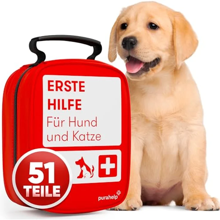 Purahelp Erste-Hilfe-Set Hund und Katze - Inkl. Zeckenzange, Pinzette, Tourniquet (51 St), Wasserdichte Tasche, Erste Hilfe Anleitung, Kompakt und tragbar, Purahelp Hundeapotheke (Blau) – Bild 2