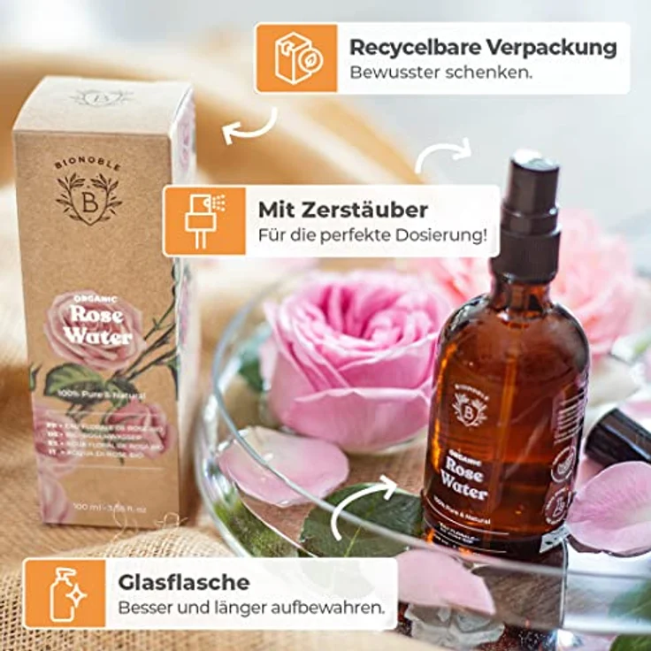 Bionoble Rosenwasser Bio 100ml - Hydrolat aus Damaszener-Rosen 100% Rein und Natürlich - Gesicht, Augenpartie, Körper, Haare - Rose Water - Glasflasche + Spray – Bild 4
