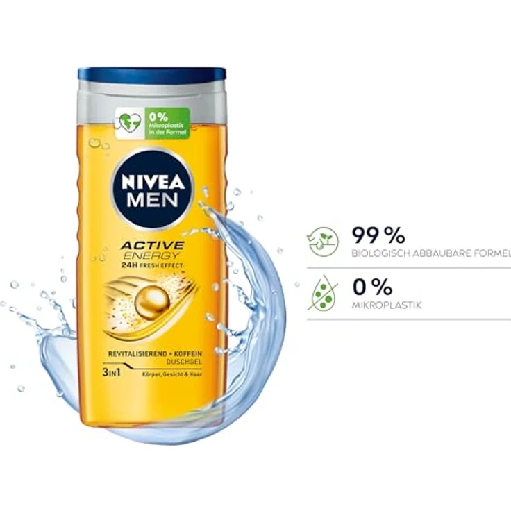 NIVEA MEN Active Energy Duschgel (250 ml), pH-hautneutrale Pflegedusche mit Koffein für Körper, Gesicht und Haar, 24h Frische-Effekt – Bild 2