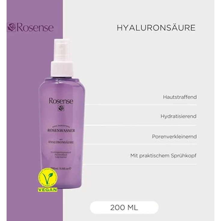 Rosense Rosenwasser mit Hyaluronsäure, Gesichtsreinigung 200 ml, lila, vegan, PETA-zertifiziert, alkoholfrei – Bild 2