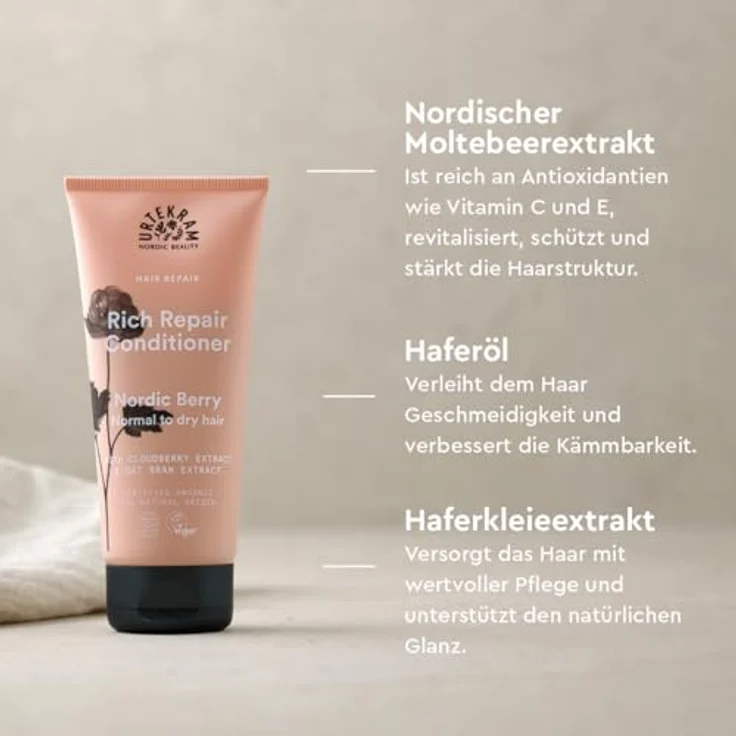 Urtekram Nordic Berry Repair-Conditioner, feuchtigkeitsspendend & reparierend mit Moltebeere, Haferöl & Aloe Vera, 180 ml, vegan & biologisch zertifiziert – Bild 4