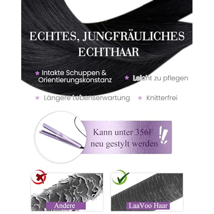 LaaVoo Pre Bonded Haarverlängerung, Echthaar Keratin Bondings 14 Zoll/35cm, U Tip Extensions in Schwarz, 50g/50Strähnen Remy Haare – Bild 4