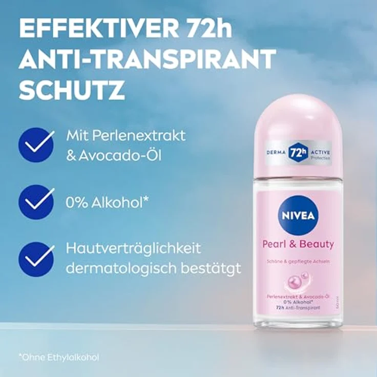 NIVEA Pearl & Beauty Deo Roll-On, Antitranspirant mit 72h Schutz vor Schweiß, Pflege mit Perlenextrakten und Avocadoöl, 50 ml – Bild 2