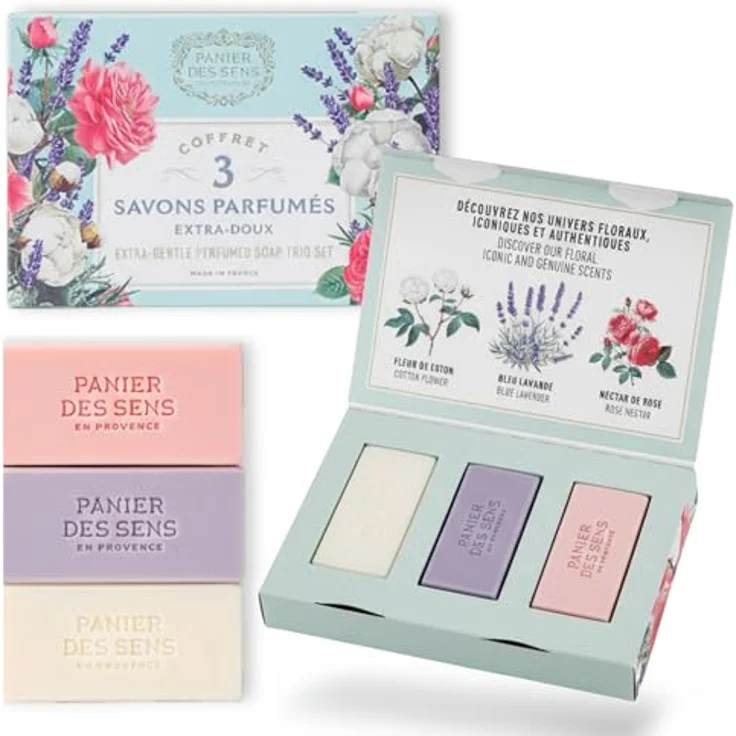 Panier des Sens Seife Geschenkset, 3 Stück je 100 g, mit Baumwolle, Rose & Lavendel, 97% natürliche Inhaltsstoffe, natürlich & vegan – Bild 1