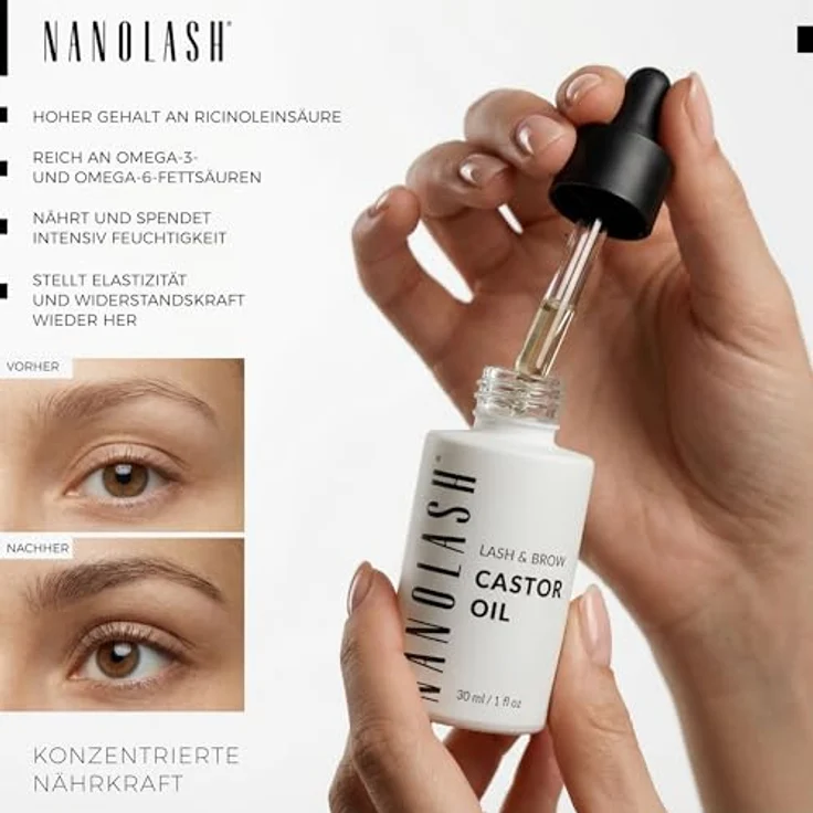 Nanolash Rizinusöl 30ml, 100% natürliches, kaltgepresstes Bio Öl für Wimpern- und Augenbrauenwachstum, hypoallergen, inklusive Pipette und Pinsel – Bild 2