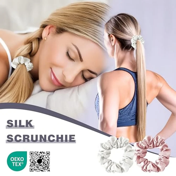 townssilk Seiden Scrunchie 2er-Set, 100% Maulbeerseide 6A/22 Momme, OEKO-TEX® zertifiziert, haarschonend & elastisch, Pink & White – Bild 4