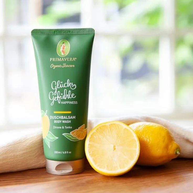 PRIMAVERA Glücksgefühle Duschbalsam 200 ml – Duschgel, Naturkosmetik, Zitrone und Tonka Duft, reinigt sanft, rückfettend, vegan – Bild 3