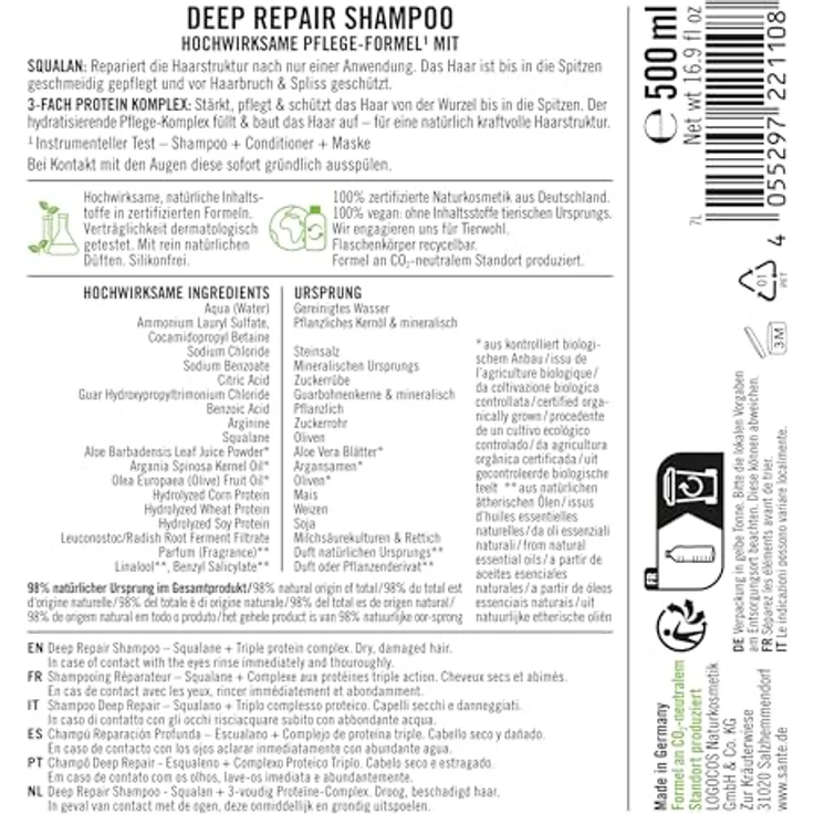 SANTE Naturkosmetik Deep Repair Shampoo Squalan + 3-Fach Protein Komplex, veganes Pflegeshampoo für geschmeidiges und glänzendes Haar, 500 ml – Bild 2