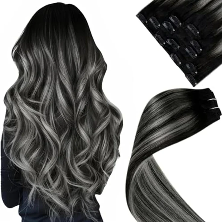 LaaVoo Clip Echthaar Extensions Schwarz Ombre Silber, 40cm, 70g, 5 Stück, Remy Echthaar, Glatt – Bild 1