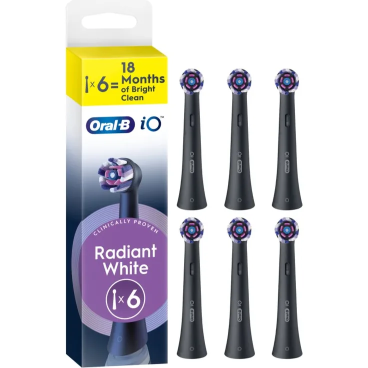 Oral-B iO Radiant White Ersatzkopf für elektrische Zahnbürsten, bleichende Fasern, schwarz, 6 Stück
