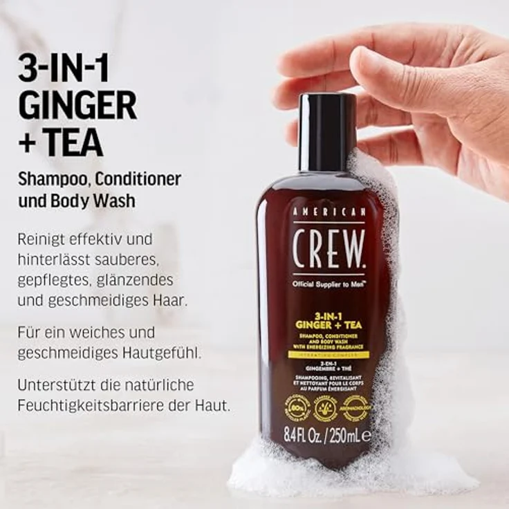American Crew 3-in-1 Ginger & Tea Shampoo, Conditioner & Body Wash, 1000ml, Pflegeshampoo und Duschgel für Männer, Energie und Feuchtigkeit spendend, mit Ingwer & Tee Duft – Bild 3