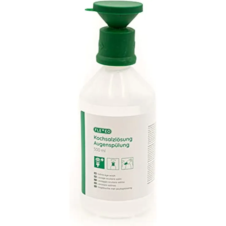 FLEXEO Augenspülung 500ml NaCl 0,9 Kochsalzlösung - Ergonomische Augenschale - Effektive Reinigung - sterile Augenspüllösung