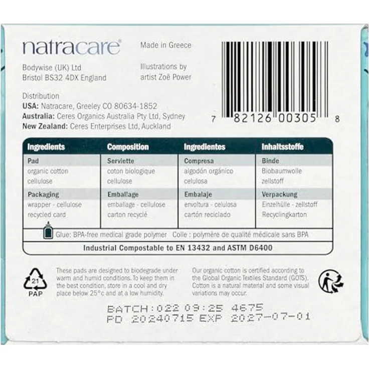 NATRACARE Ultra Binden Regular mit Flügeln, 95 % biologisch abbaubar und kompostierbar, plastikfrei, Bezug aus Bio-Baumwolle – Bild 2