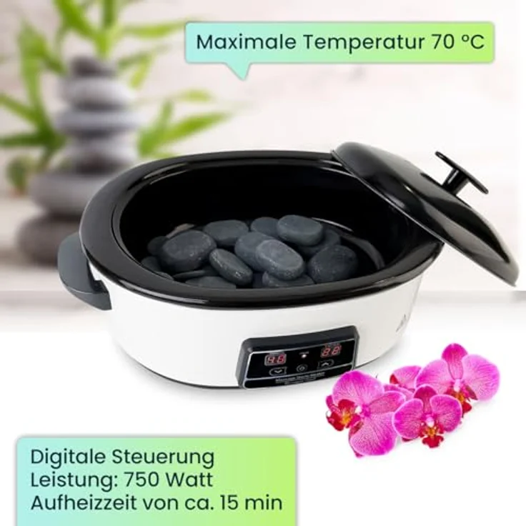 Casativo Hot Stone Massage Set, Digital Warmsteingerät 750W mit 23 Natursteinen, 70°C, weiß-schwarz, für ganzheitliche Schmerztherapie und Muskelentspannung – Bild 4