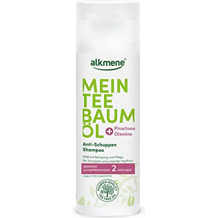 Alkmene Mein Teebaumöl Anti Schuppen Shampoo 200 ml - weniger Schuppen in 2 Wochen - naturreines Teebaumöl, vegan & klimaneutral - Shampoo gegen Schuppen & juckende Kopfhaut - Antischuppen Haarshampoo – Bild 1
