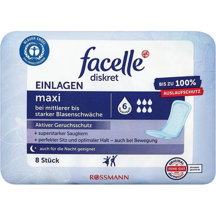 facelle Inkontinenz-Einlage Maxi, 8 Stück, Saugstärke 6, 260 ml Saugleistung, mit breitem Haftstreifen und weichen Beinabschlüssen
