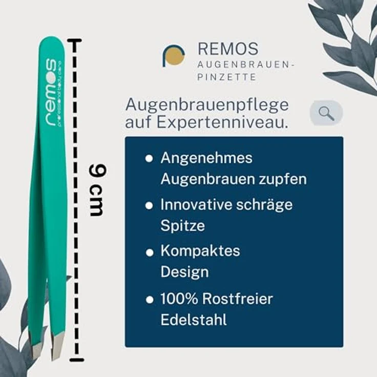 remos professional body care REMOS Profi Pinzette, Augenbrauenpinzette mit schräge Spitze aus rostfreiem Edelstahl, grün, inklusive Schutzetui – Bild 2