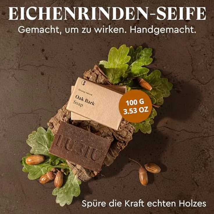 lubiu Eichen Seife 100g, 3in1 Feste Duschseife für Männer, Körper, Haare & Bart, natürliche Inhaltsstoffe, erdiger Duft mit Zedernholz und Rosmarin – Bild 2