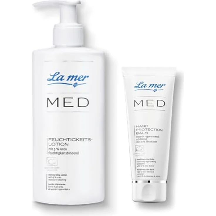 La mer MED Sparset Feuchtigkeitslotion 200 ml + Hand Protection Balm 75 ml – Intensive Pflege für empfindliche & trockene Haut, parfumfrei mit Meeresschlick, Urea & Sheabutter