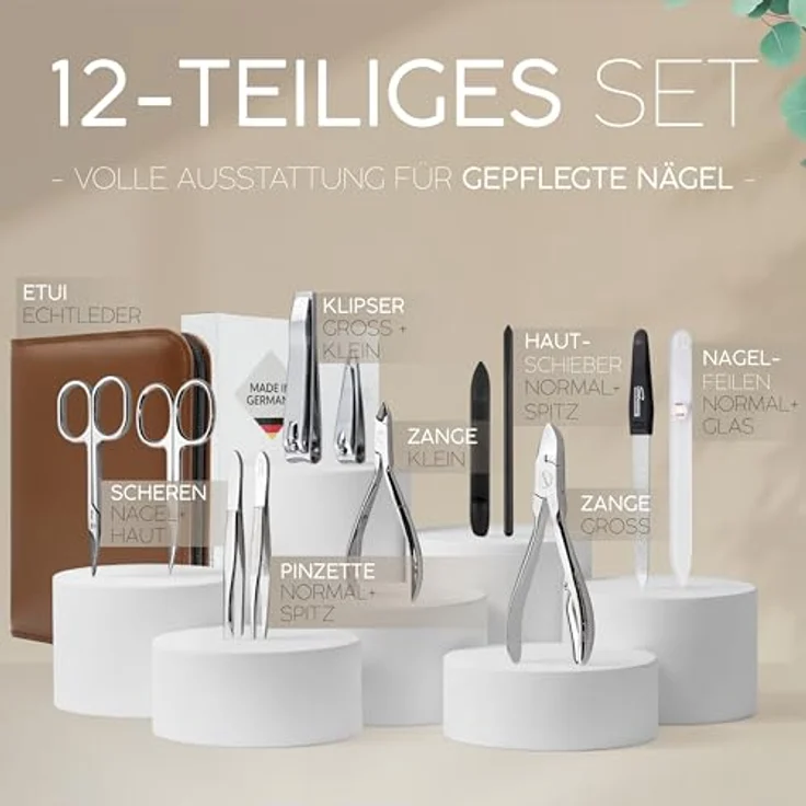 marQus Solingen Maniküre Set 12 Teile, Echt Leder Etui in Braun, komplettes Hand- und Fußpflege Kit mit qualitativ hochwertigen Nagelinstrumenten – Bild 3
