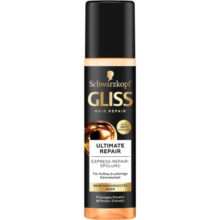 Gliss Express-Repair-Spülung Ultimate Repair (200 ml), Haarspülung mit Keratin repariert extrem geschädigtes Haar, Pflegespülung mit Hitzeschutz bis zu 230°C