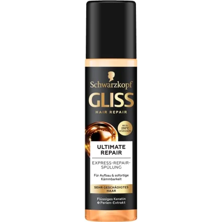 Gliss Express-Repair-Spülung Ultimate Repair (200 ml), Haarspülung mit Keratin repariert extrem geschädigtes Haar, Pflegespülung mit Hitzeschutz bis zu 230°C – Bild 1