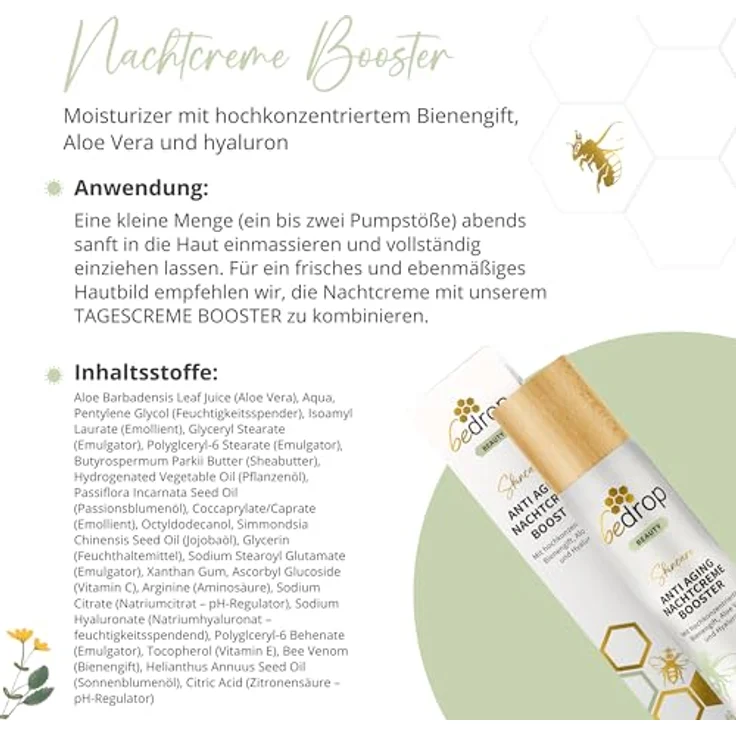 bedrop Anti-Aging Nachtcreme BOOSTER mit Bienengift, Aloe Vera, Hyaluron, Jojobaöl, Vitamin C und Arginin zur Faltenminderung - 3x 50ml Sparset – Bild 6