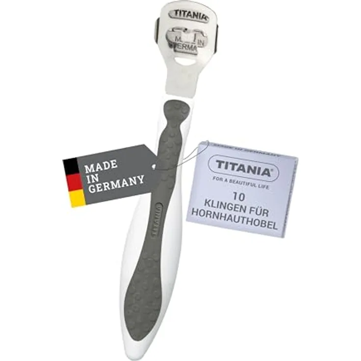 TITANIA Hornhauthobel, professioneller Hornhautentferner aus rostfreiem Edelstahl mit 10 Ersatzklingen, grau