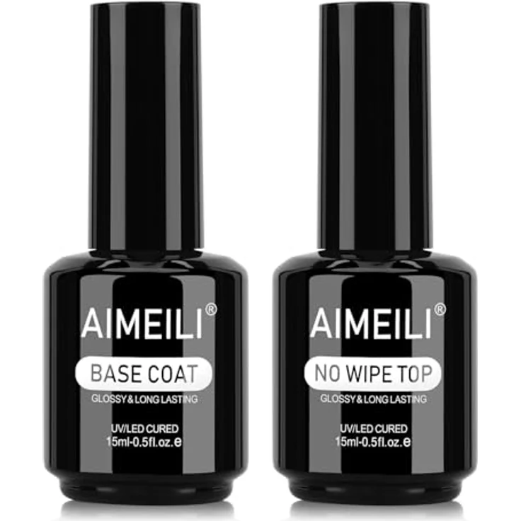 AIMEILI 15ml Base Coat & No Wipe Top Coat, UV LED Gel Nagellack Set mit 21 Tagen Hochglanz-Halt – Bild 1