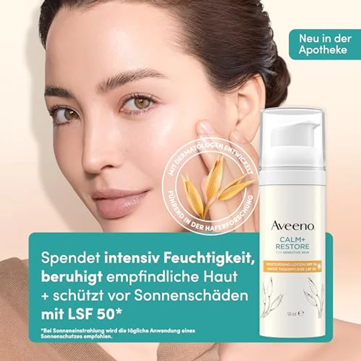 Aveeno CALM+RESTORE Hafer Tagespflege LSF 50, 50ml, Breitband-Spektrum UVA/UVB, beruhigt empfindliche Haut, langanhaltende Feuchtigkeit, parfümfrei – Bild 2