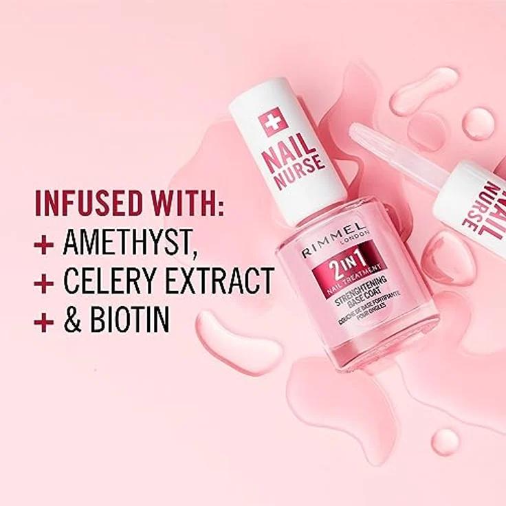Rimmel London NAIL NURSE 2 IN 1 nail treatment & Base Coat 12 ml, Vegan mit Amethyst und Sellerieextrakt, schnelltrocknend – Bild 5