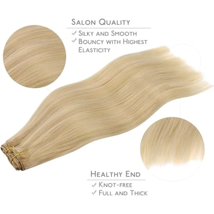 WENNALIFE Clip in Extensions Echthaar 55cm 120g 7pcs Hellblond Highlights Goldblond Remy Haarverlängerung mit diskreten Clips – Bild 4