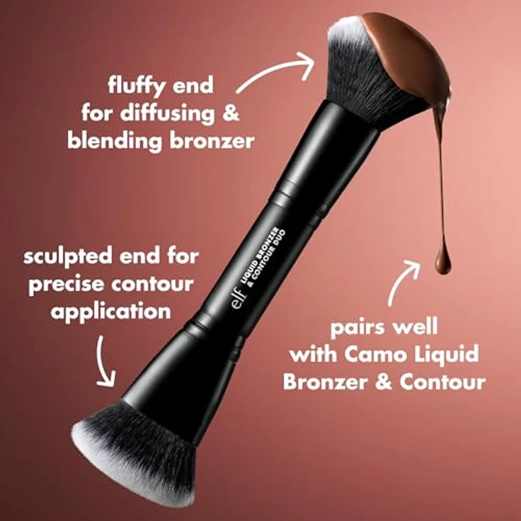 e.l.f. Camo Liquid Bronzer & Contour Duo Brush, Doppelseitiger Gesichts-Make-up-Pinsel mit Synthetischen Borsten, Vegan & Tierversuchsfrei für einen definierten Sun-Kissed Teint – Bild 2