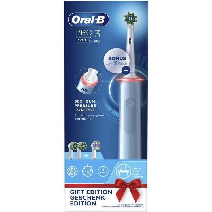 Braun Oral-B PRO 3 3700 Blu, Rotierende-vibrierende Zahnbürste für Erwachsene, Blau, mit 3 Bürstenköpfen und integriertem Akku