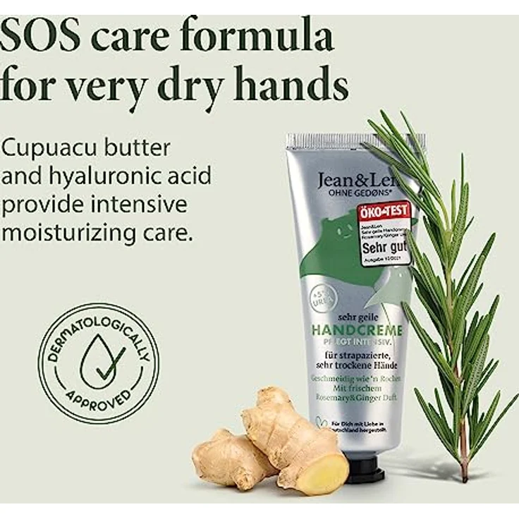 Jean & Len Sehr geile Handcreme Rosemary & Ginger, mit Urea, Handpflege für trockene und rissige Hände, spendet Feuchtigkeit und pflegt intensiv, ohne Parabene und Silikone, Handcreme Tube, 75 ml – Bild 3