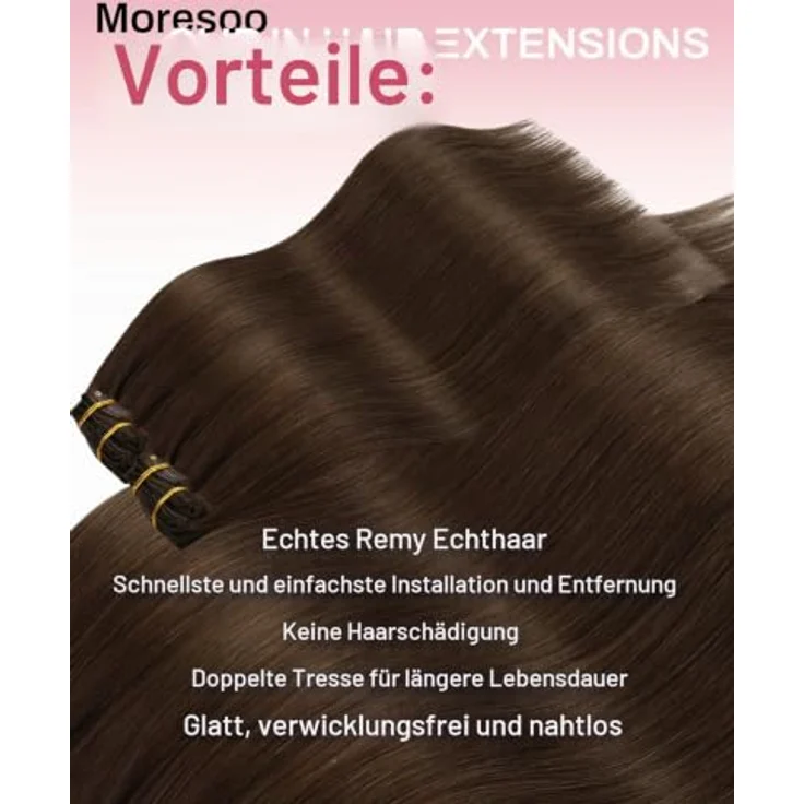 Moresoo Clip in Extensions Echthaar Dunkelbraun, 55 cm, 120g, 7 Stück, mit Edelstahlclips und optimalem Tragekomfort – Bild 2