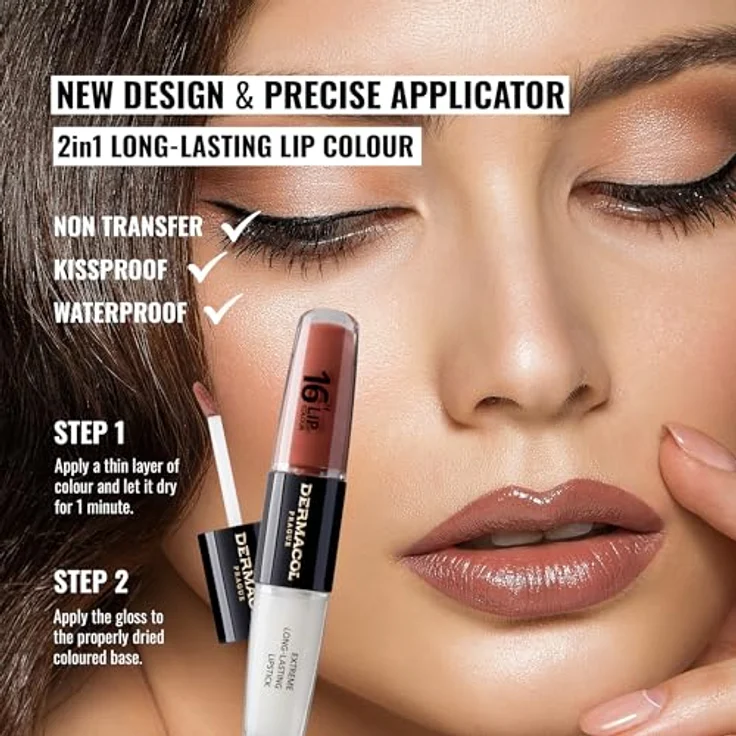 Dermacol 16H Lip Colour, langlebiger, glänzender Lippenstift in Farbton 33 Viva Glam, 2x4 ml, hochpigmentierte Formel mit Vitamin E – Bild 2