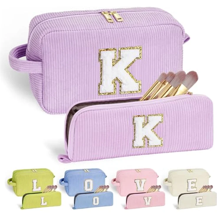 Parima Lila Buchstaben Kosmetiktasche, 2-teilige Cord Schminktasche mit großer Kapazität, tragbar für Reisen und Alltag – Bild 1