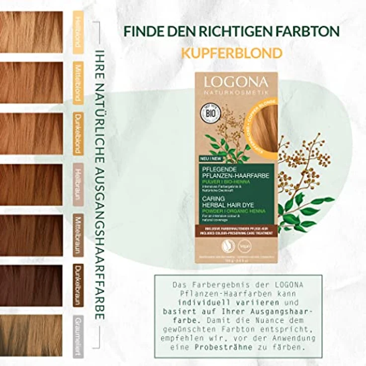 LOGONA Naturkosmetik Pflegende pflanzliche Haarfarbe, Veganes Haarfarbe-Pulver mit Bio-Henna für intensive Farbe und Glanz, Pflanzenhaarfarbe in Kupferblond (Blond), 1 x 100g – Bild 5