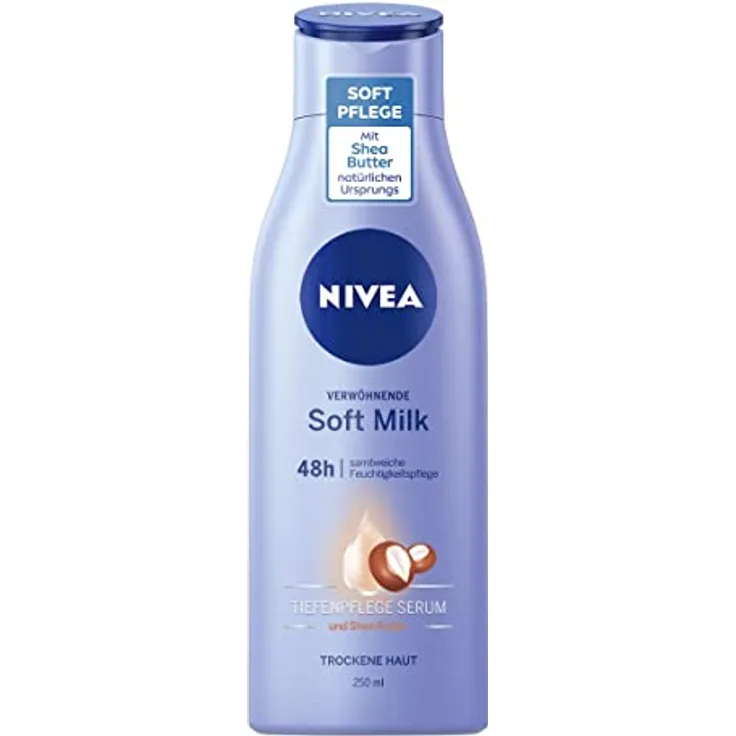 NIVEA Verwöhnende Soft Milk (400 ml), Body Milk für trockene Haut mit Tiefenpflege Serum, Feuchtigkeitspflege mit Shea Butter natürlichen Ursprungs