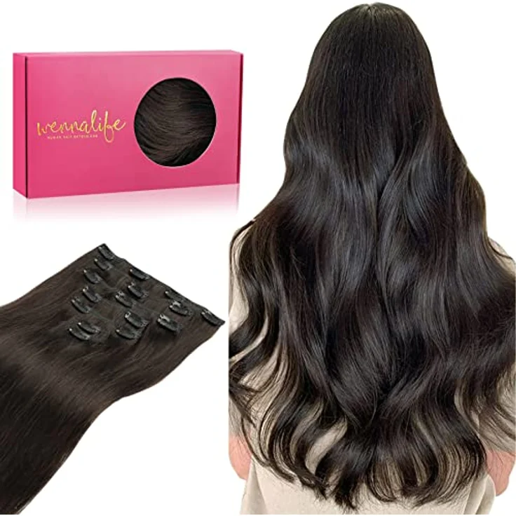WENNALIFE Clip in Extensions Echthaar, 40cm 120g 7pcs, Dunkel Braun, Remy Haarverlängerung mit stabilen Clips – Bild 1