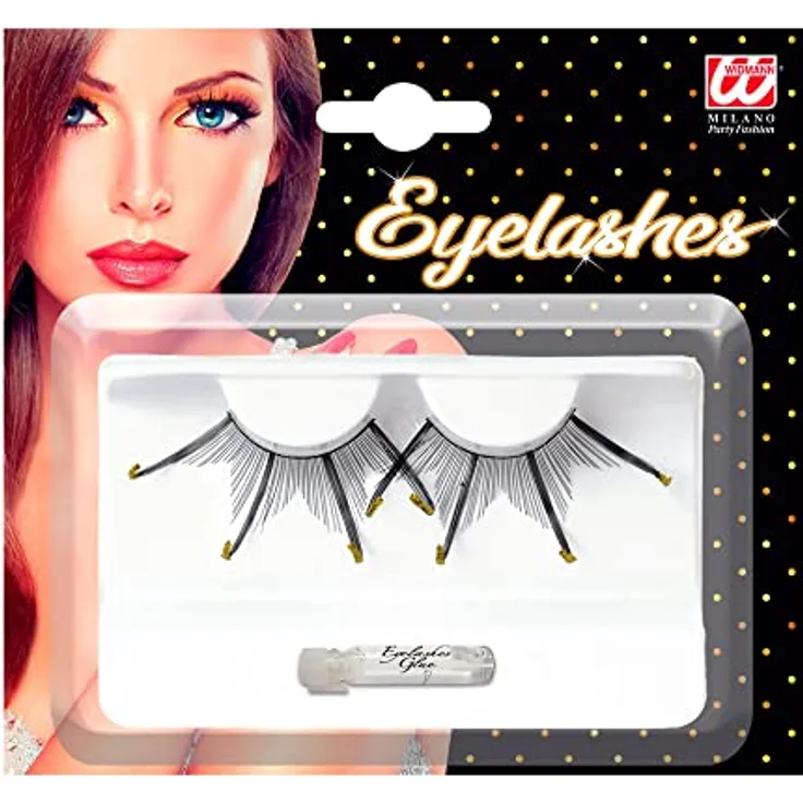 Widmann 2572E - Künstliche Wimpern, Schwarz, mit Goldfarbenen Spitzen, mit Klebstofftube, Schminkzubehör, Karneval, Mottoparty, Halloween